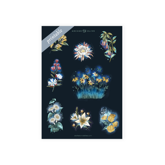 Midnight Floral Printable Stickers